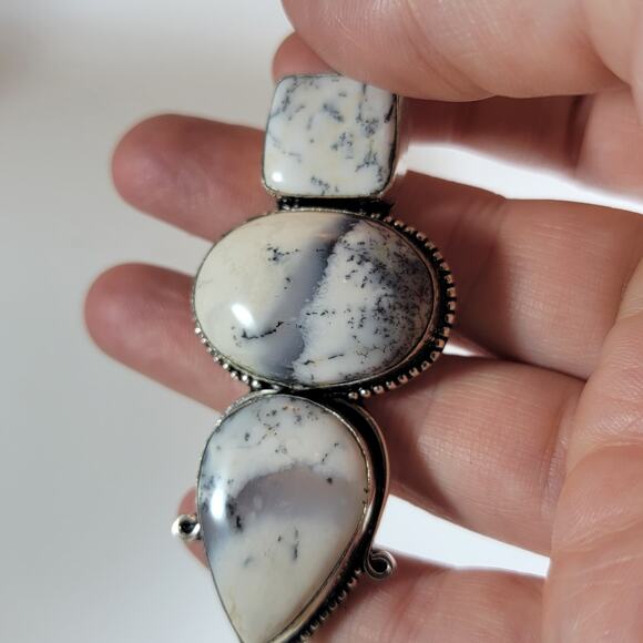 Dendritic Opal Pendant Necklace – Triple Stone Design + 20" Sterling Chain - Picture 3 of 10